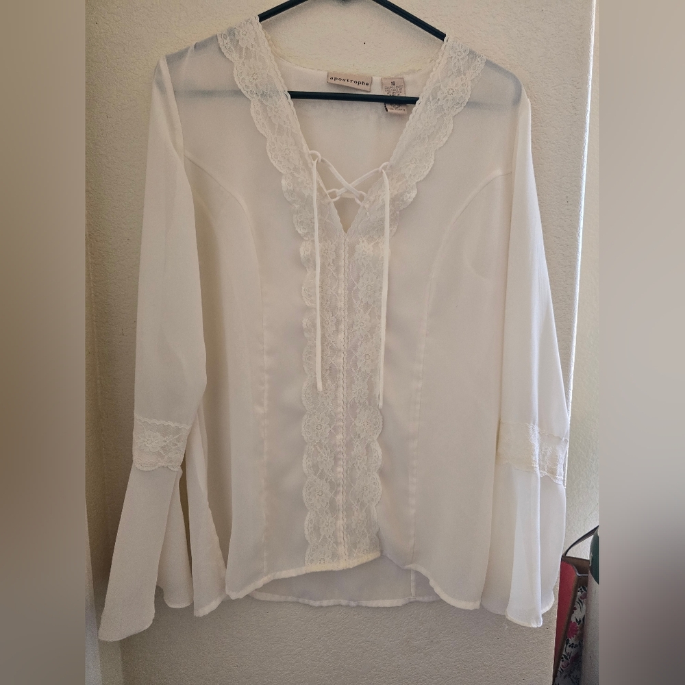 Vintage Apostrophe Cream Lace Tie-Front Blouse Size 10